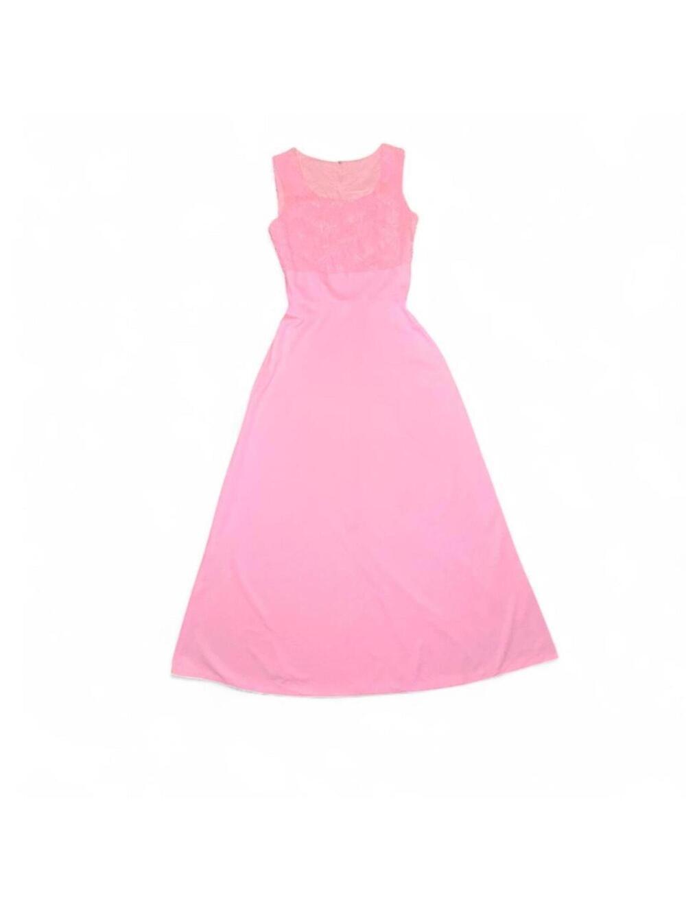 Vintage 1970s–1980s Bubblegum Pink Lace Bodice Maxi Dress – Cottagecore Formal